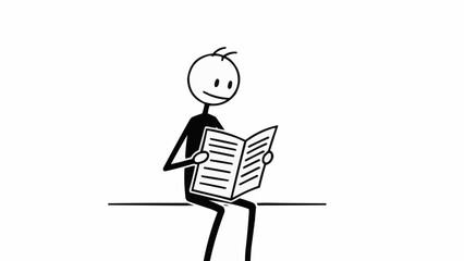 Stick figure reading an open book on a white background.