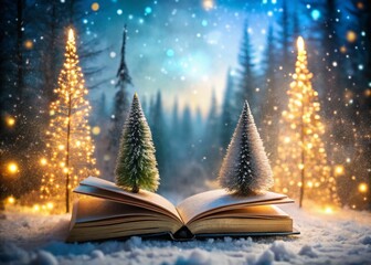 Magical Christmas Book in Snowy Forest - Winter Wonderland Scene with Sparkling Lights