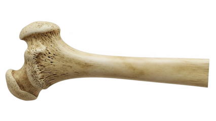 Close up of a human femur bone shaft and head with trabecular bone detail on black background human bone