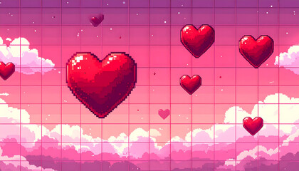 Floating hearts against a pixelated pink sky with clouds