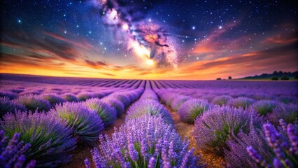 Magical Lavender Field Under Starry Night Sky - Tilt-Shift Photography