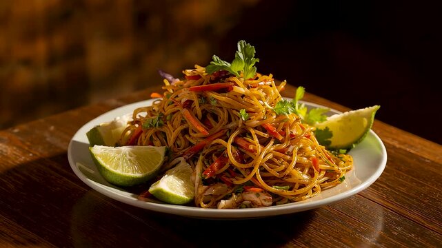 Plate of spicy stir fried noodles garnished with fresh cilantro lime wedges carrots wooden table Asian cuisine