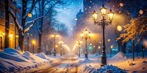 Magical Night: Snow-Covered Street with Glowing Lampposts - Double Exposure Photography