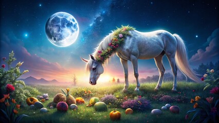 Magical Low Poly Unicorn Horse in Night Sky, Fantasy Food Photography