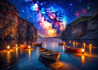 Magical Night: Boats Floating Above Tranquil Water and Rugged Cliffs
