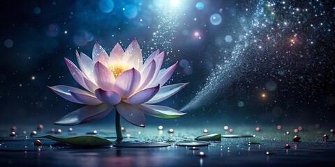 Magical Night Dew Drops on Shining Lotus Flower Stock Photo