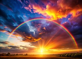 Magical Rainbow and Sunburst at Dusk - Low Light Photography Stock Image