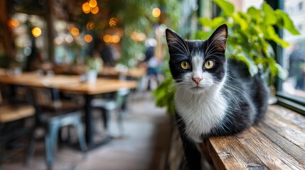 A captivating black and white cat gazes directly at the camera, perched on a wooden windowsill. Soft bokeh backgrounds