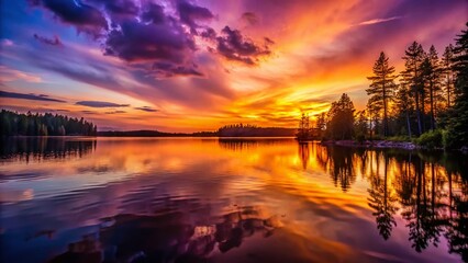 Magical Purple & Orange Sunset over Serene Lake with Silhouetted Trees - Bokeh Photography
