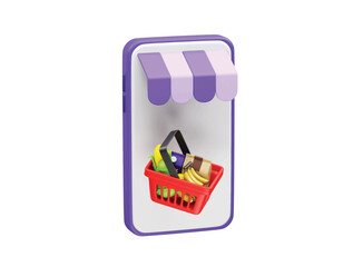 Mobile Online Shopping with Grocery Basket on Smartphone Screen icon 3d rendering illustration