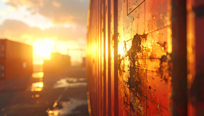 Industrial Sunset: Capturing the mesmerizing beauty of an industrial landscape as the sun dips below the horizon, casting a warm glow over a cargo container.