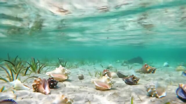 Underwater shot of seashells on sandy seabed, sea grass in background, for travel/vacation use