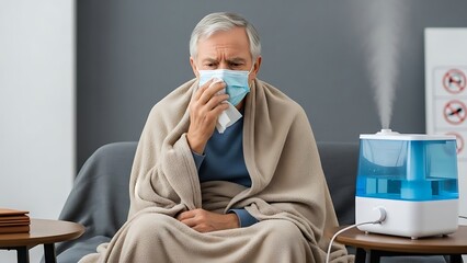 Sick senior man blowing nose while sitting with humidifier nearby