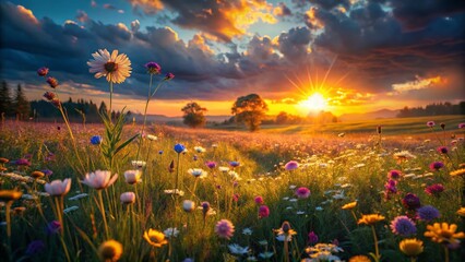 Magical Sunset Meadow: Glowing Grass & Flowers Portrait Photography