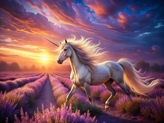 Magical Unicorn in Lavender Sunset Field: Fantasy Stock Photo