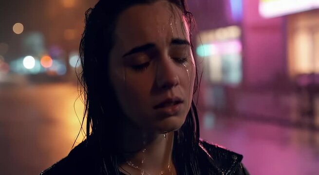In this atmospheric video, a person stands in a dimly lit street, illuminated by colorful neon lights. The rain-soaked environment reflects a vivid urban nightlife, creating a captivating and moody sc