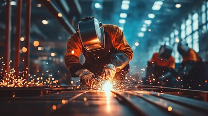 Welding workers operating in industrial factory workshops, showcasing professional welding processes and industrial production atmosphere. Suitable for industrial promotion, safety training materials