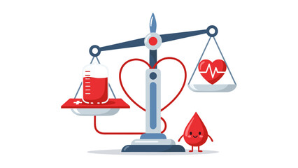 A heart and a scale balancing a blood bag and a heart symbol, representing the equilibrium of blood donation, with a droplet character nearby, in a simple illustration style, viewed from the front.