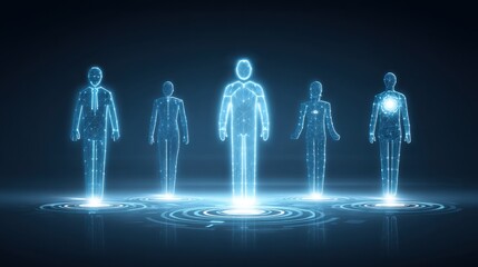 Futuristic Representation of Digital Human Figures Displaying Technology and Innovation in Abstract Form with Glowing Effects and Network Connections