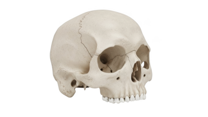 Human skull with visible sutures and cracks on a black background bone skeleton