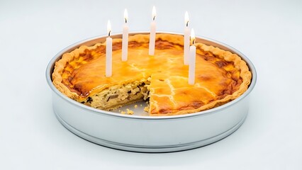 Delicious quiche with candles in a silver baking dish on white