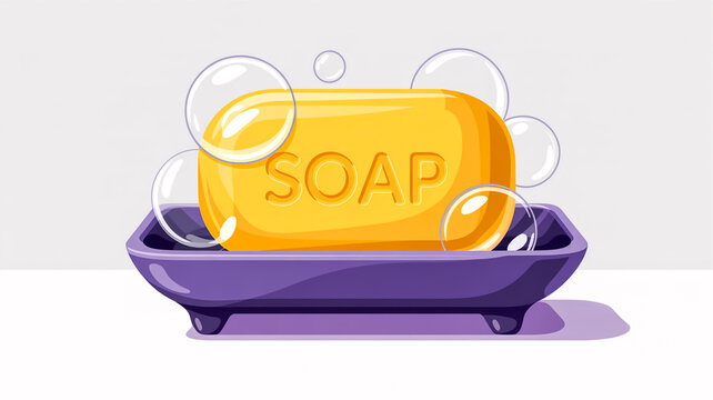 A digital illustration of a yellow bar of soap with the embossed text SOAP on its surface, sitting in a purple ceramic soap dis
