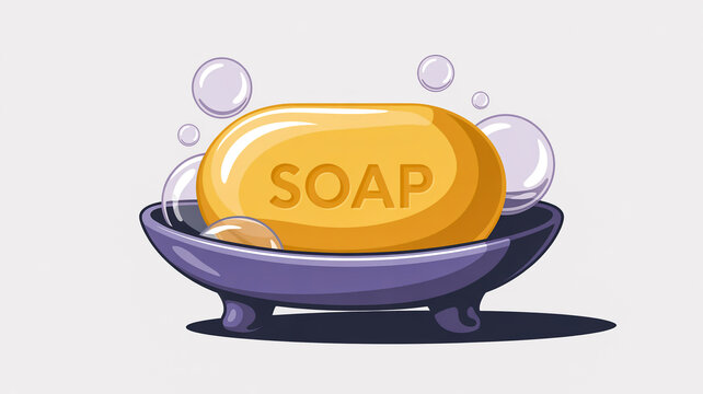 A digital illustration of a yellow bar of soap with the embossed text SOAP on its surface, sitting in a purple ceramic soap dis