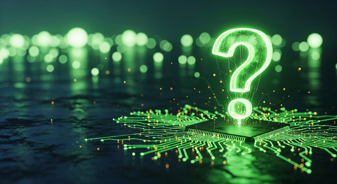 Luminous green question mark over computer chip, representing uncertainty in technology, innovation or future challenges, with abstract bokeh background - Powered by Adobe