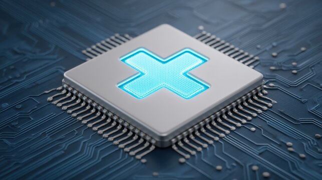Close-Up View of Advanced Microchip with Circuit Board Design and Illuminated Cross Symbol Reflecting Modern Technology and Innovation in Digital Systems - Powered by Adobe
