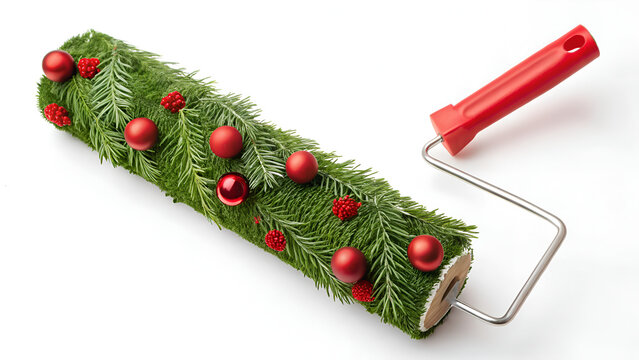 Paint roller transformed into a festive tool with fir branches and red balls, symbolizing creative holiday spirit.
