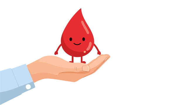 A hand holding a red drop character with a smiley face, symbolizing blood donation