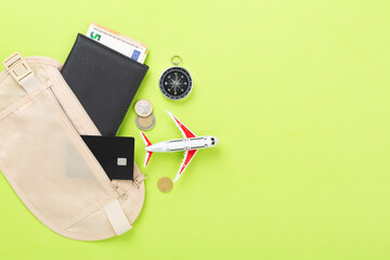 Traveler organizer bag with passport and accessories on color background, top view