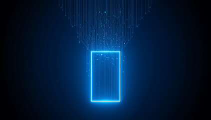 Neon blue rectangle with digital circuit lines and particles flowing into it on a dark background