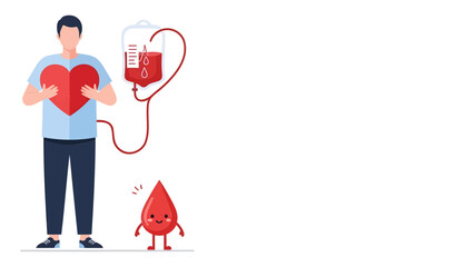A man donates blood with a red heart and a smiling drop of blood beside him