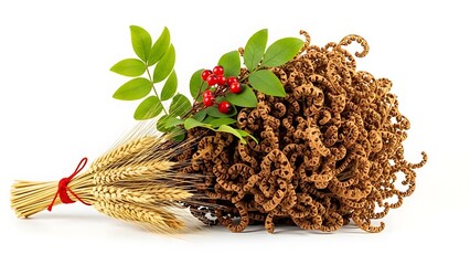 Curly brown plant with green leaves and red berries next to wheat