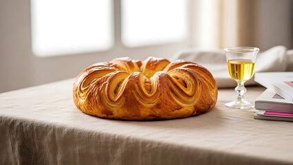 Delicious sweet bread on table with glass of wine and books
