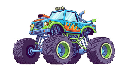 Monster Truck with Flames on White Background.