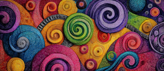 Organic doodle spirals wrapping bright geometric accents