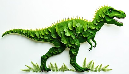 Obraz premium Green dinosaur composed of leaves and plants. Prehistoric creature shape detailed with organic foliage. Isolated on white background with fern accents.