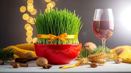 Vibrant Nowruz celebration setup with green grass in red bowl and wine