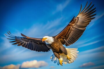Majestic Bald Eagle in Flight, Soaring Above Dramatic Blue Sky - Stock Photo