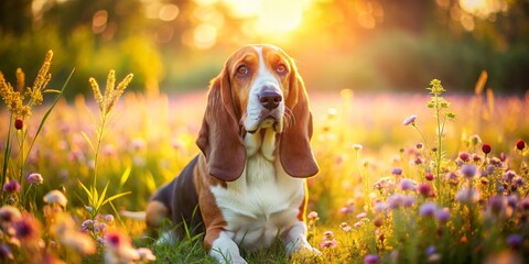 Majestic Basset Hound Portrait in Serene Landscape Photography