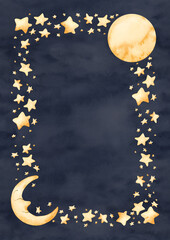 Cute golden moon crescent stars frame. Watercolor hand drawn illustration isolated on dark background for card label