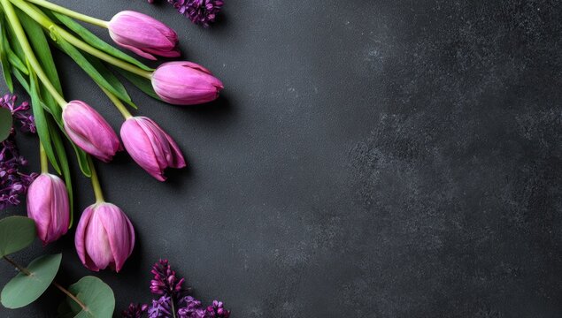 Beautiful arrangement of pink tulips and purple lilac blossoms on a dark, textured background - Powered by Adobe
