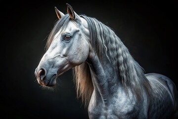 Majestic Belarusian Draft Horse Portrait: Close-up Grey Gelding on Black Background