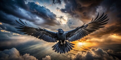 Fototapeta premium Majestic Black Crow in Flight, Wings Spread Wide - Dark Bird Soaring