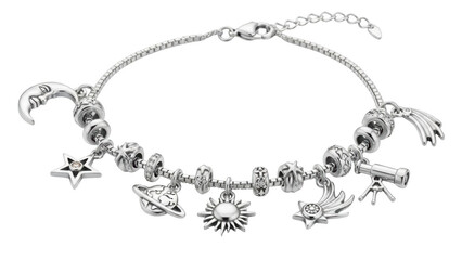 Silver charm bracelet with celestial and astronomical charms on black background jewelry
