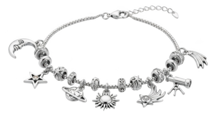 Silver charm bracelet with celestial and astronomical charms on black background jewelry