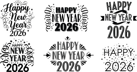Happy New Year 2026 typography set, black and white vector designs with stars, streamers, decorative layout for greeting, celebration, festive theme © Snigdha Creatives