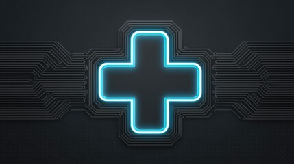 Fototapeta premium Neon Cross Symbol with Circuit Board Design on Dark Background for Health Technology and Medical Concepts Related to Digital Healthcare Innovations